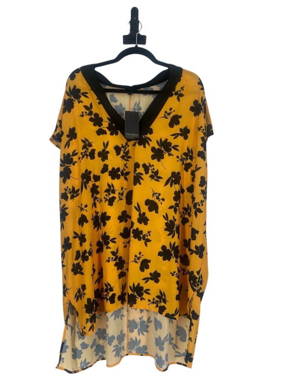 Eloquii Plus Size Tunic Blouse 24 Mustard Yellow Black Floral V Neck NWT